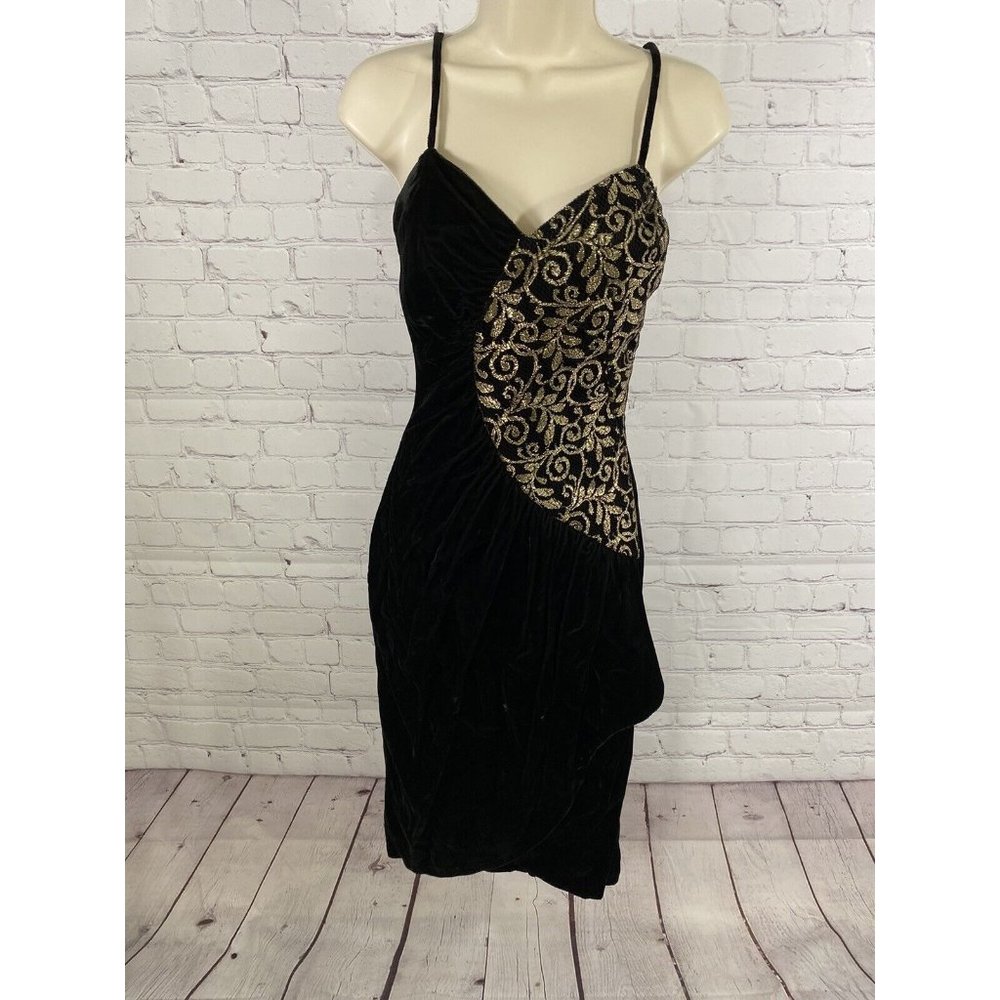 VTG New Leaf Black Gold Spaghetti Strap Velvet Back Zip Bodycon Dress Womens 5/6